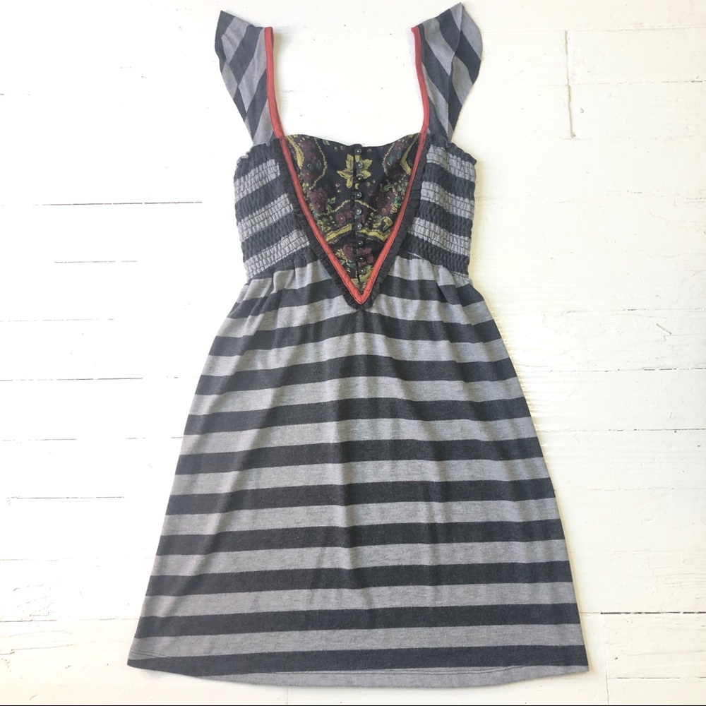 Grey and Black Striped Midi Dress with Embroidered V-Neck